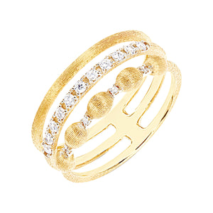 Nanis 18 karat yellow gold Dancing Elite hand engraved three row Diamond Ring szie 7, D=0.17tw, Size 7