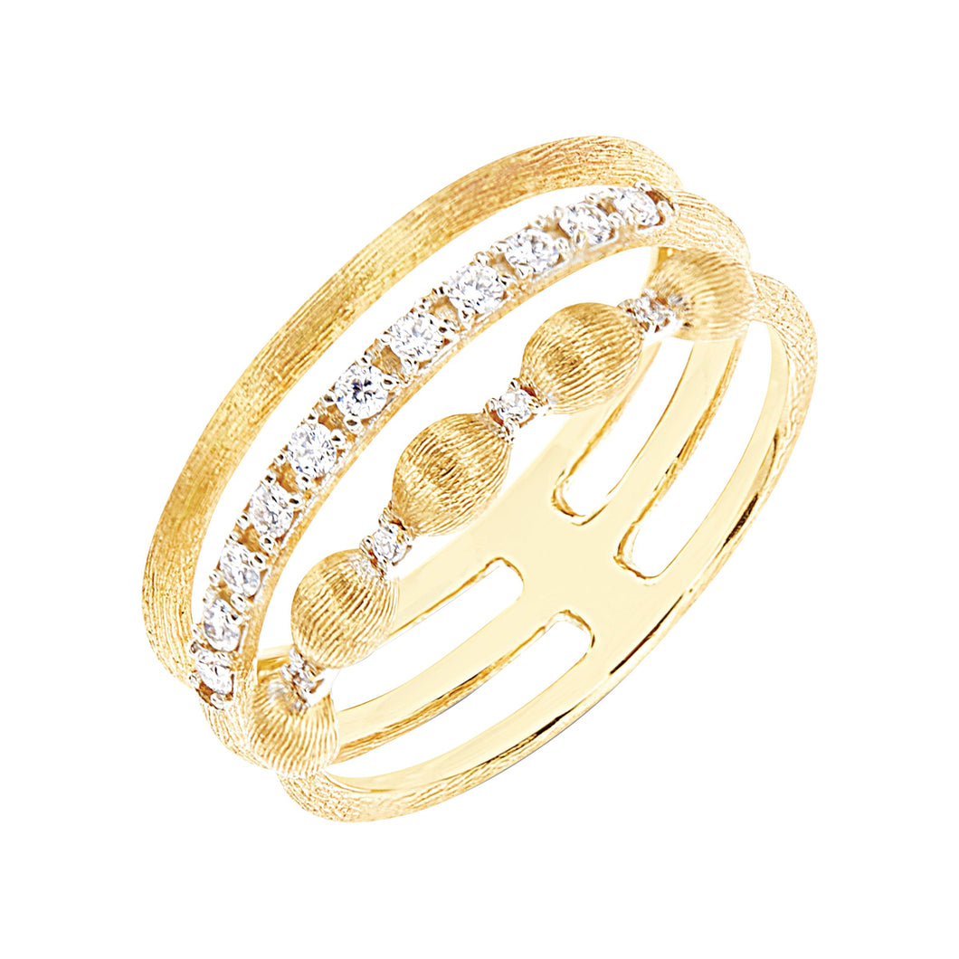 Nanis 18 karat yellow gold Dancing Elite hand engraved three row Diamond Ring szie 7, D=0.17tw, Size 7