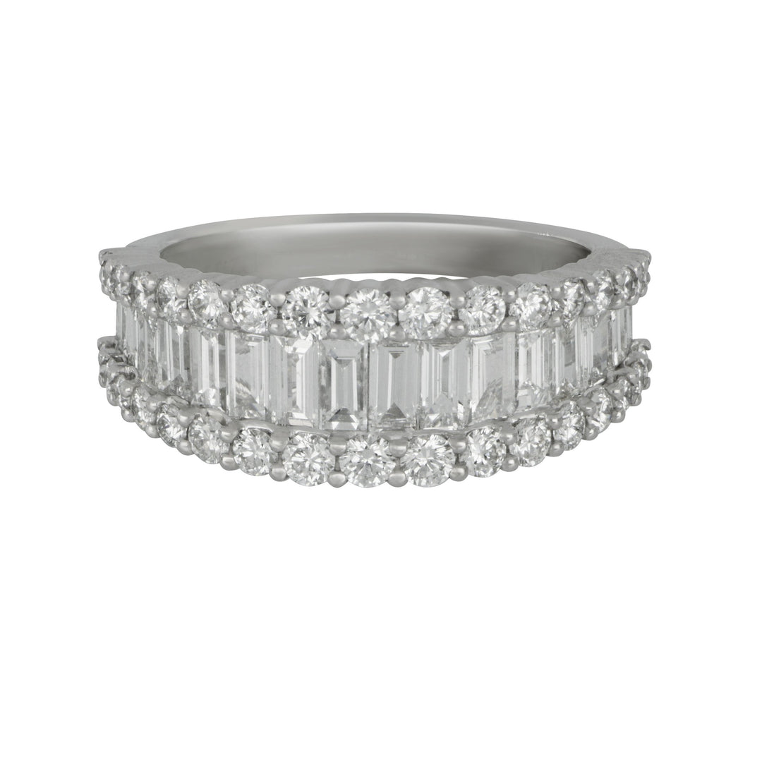 18 karat white gold three row Round and Baguette graduated Diamond Band size 6.5, D=2.11tw