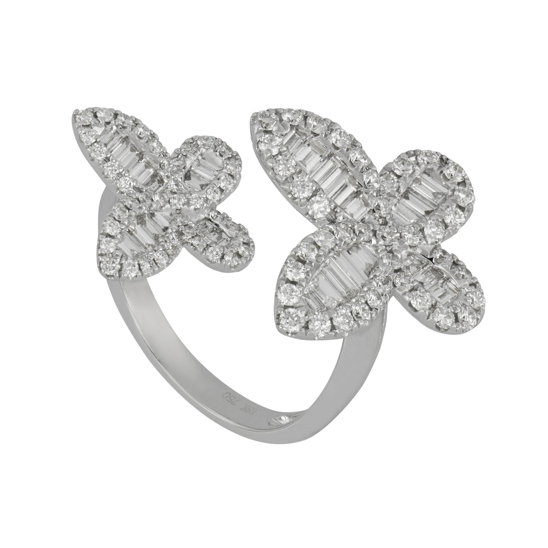 18k White Gold Baguette and Round Diamond Butterfly Cuff Ring size 6.5, D=1.34tw