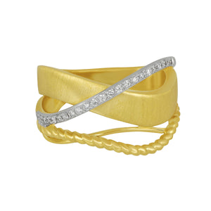 14 karat yellow and white gold three row satin and twist Diamond Crossover Ring size 6.5, D=0.12tw