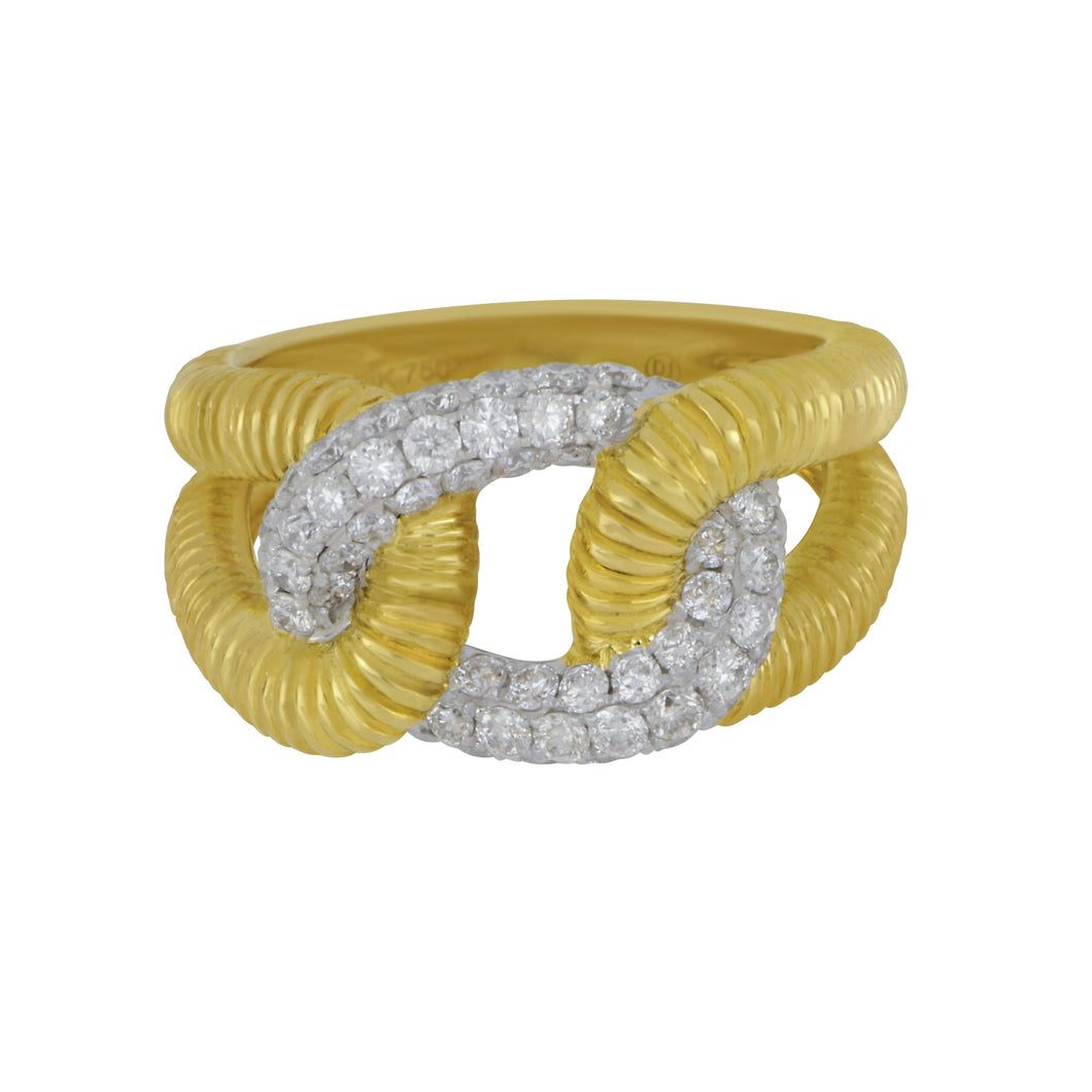 18 karat Yellow and White Gold Diamond Pave Interlocking Curb link Ring Size 6.5, D=1.08tw GH/SI