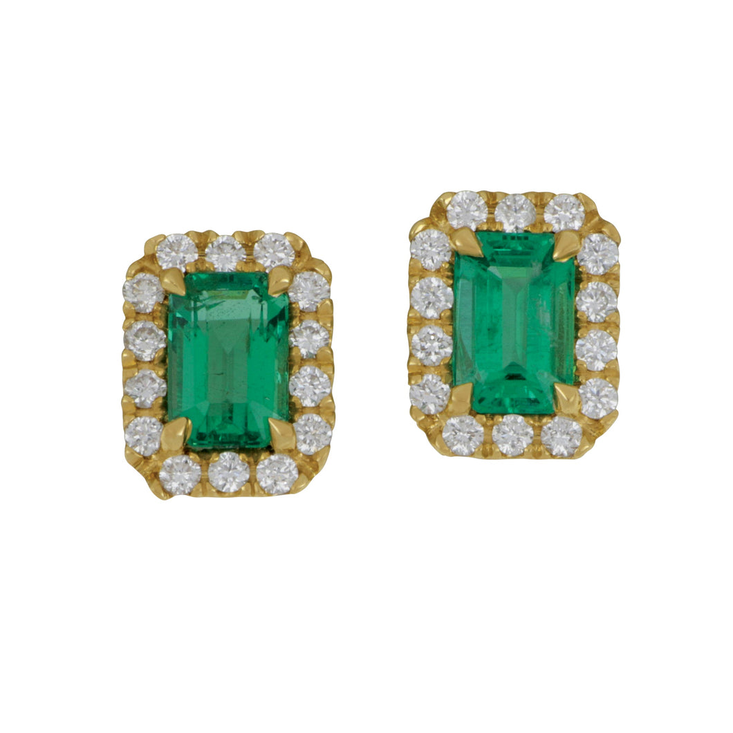 14 karat Yellow Gold Halo Emerald Cut Emerald and Diamond Stud earrings, EM=1.15tw, D=0.34tw GH/SI