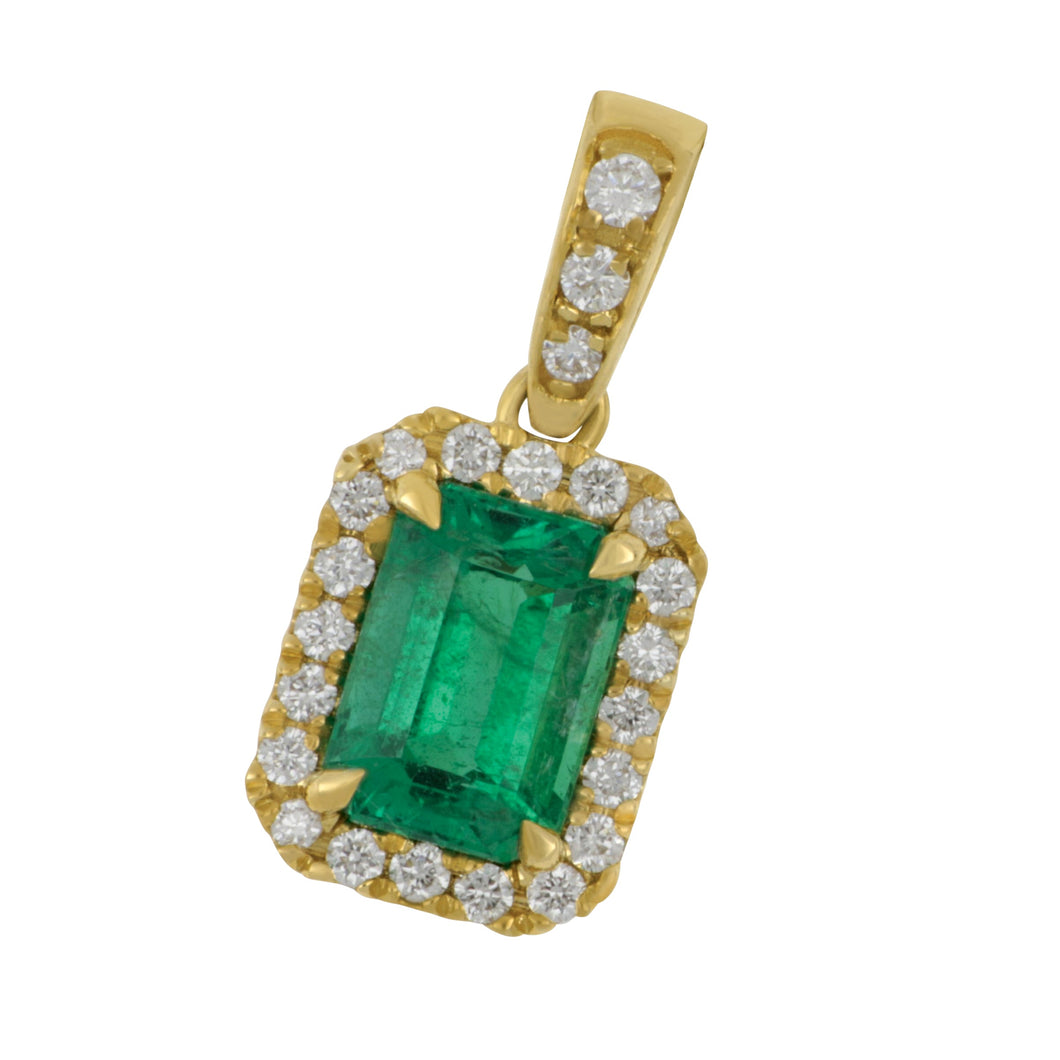 14 karat Yellow Gold Halo Emerald Cut Emerald  and Diamond Pendant, EM=1.43ct, D=0.31tw GH/SI