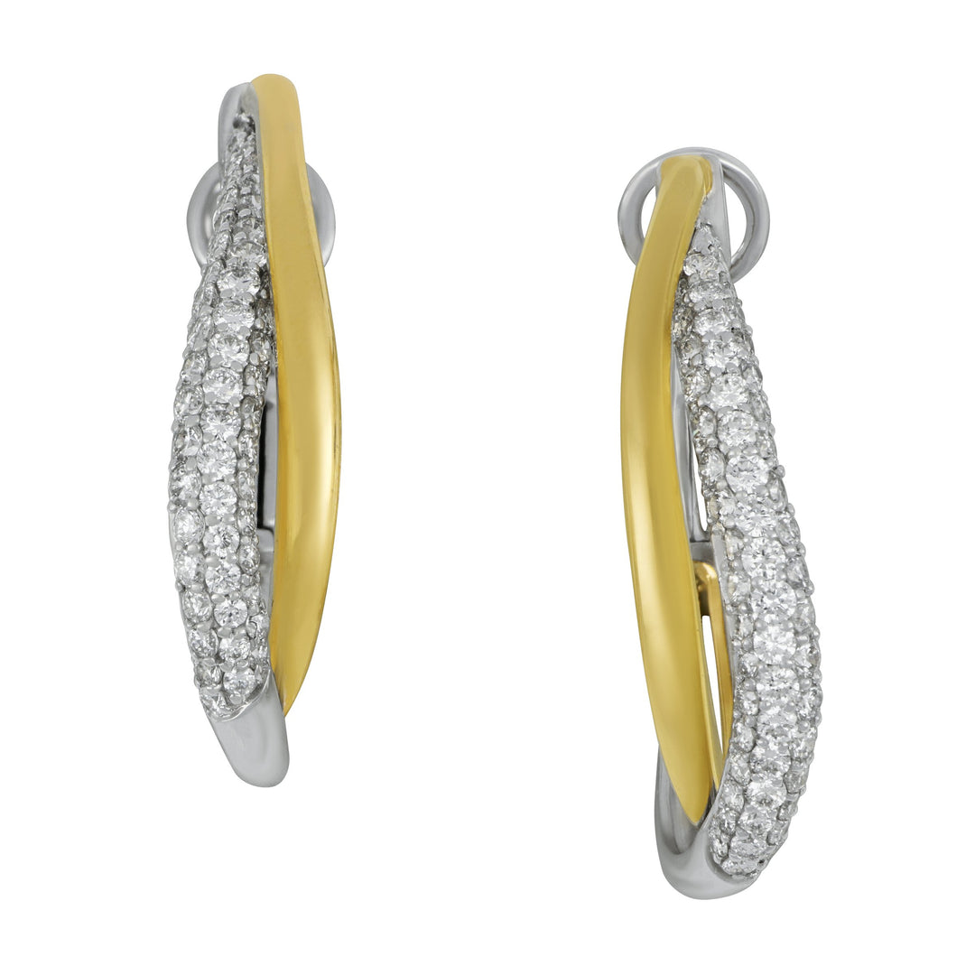 14k Yellow and White Gold Oval Crossover Pave Diamond Hoop Earrings, D=1.30tw
