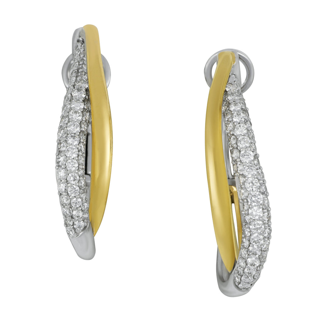 14 karat yellow and white oval Crossover Pave Diamond Hoop Earrings, D=1.30tw