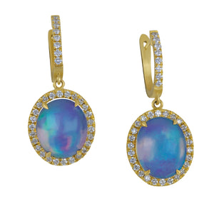 David Kord 14 Karat Yellow Gold 12x10 Opal with Diamond Halo and Euro Wire Earrings, Op=5.47tw, 68Dias=.73tw GH/SI
