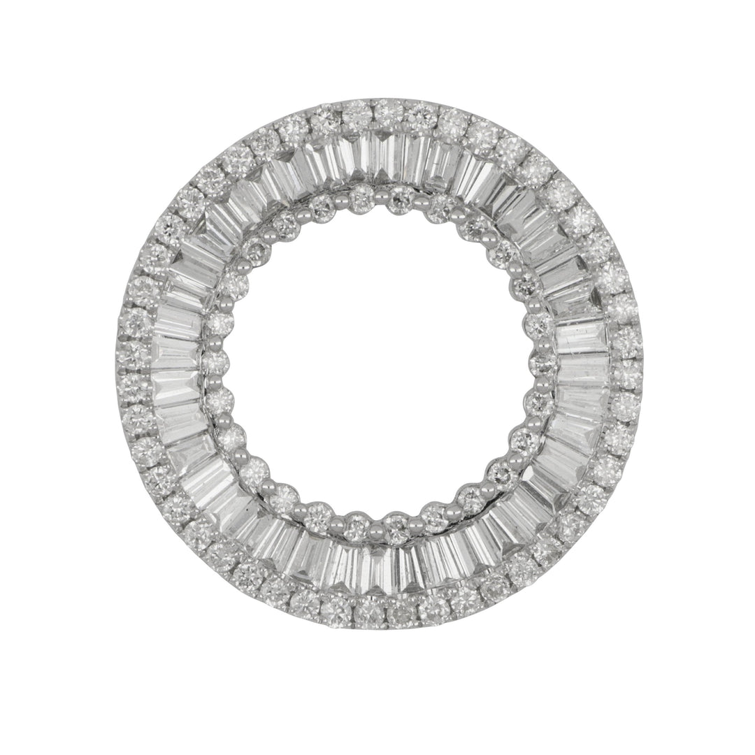 14k White Gold 3-Row Round and Baguette Diamond Circle Pendant, D=1.15tw