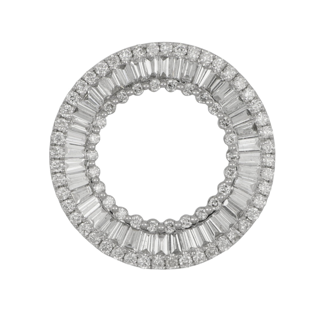 14 karat white gold three row Round and Baguette Diamond Circle Pendant, D=1.15tw