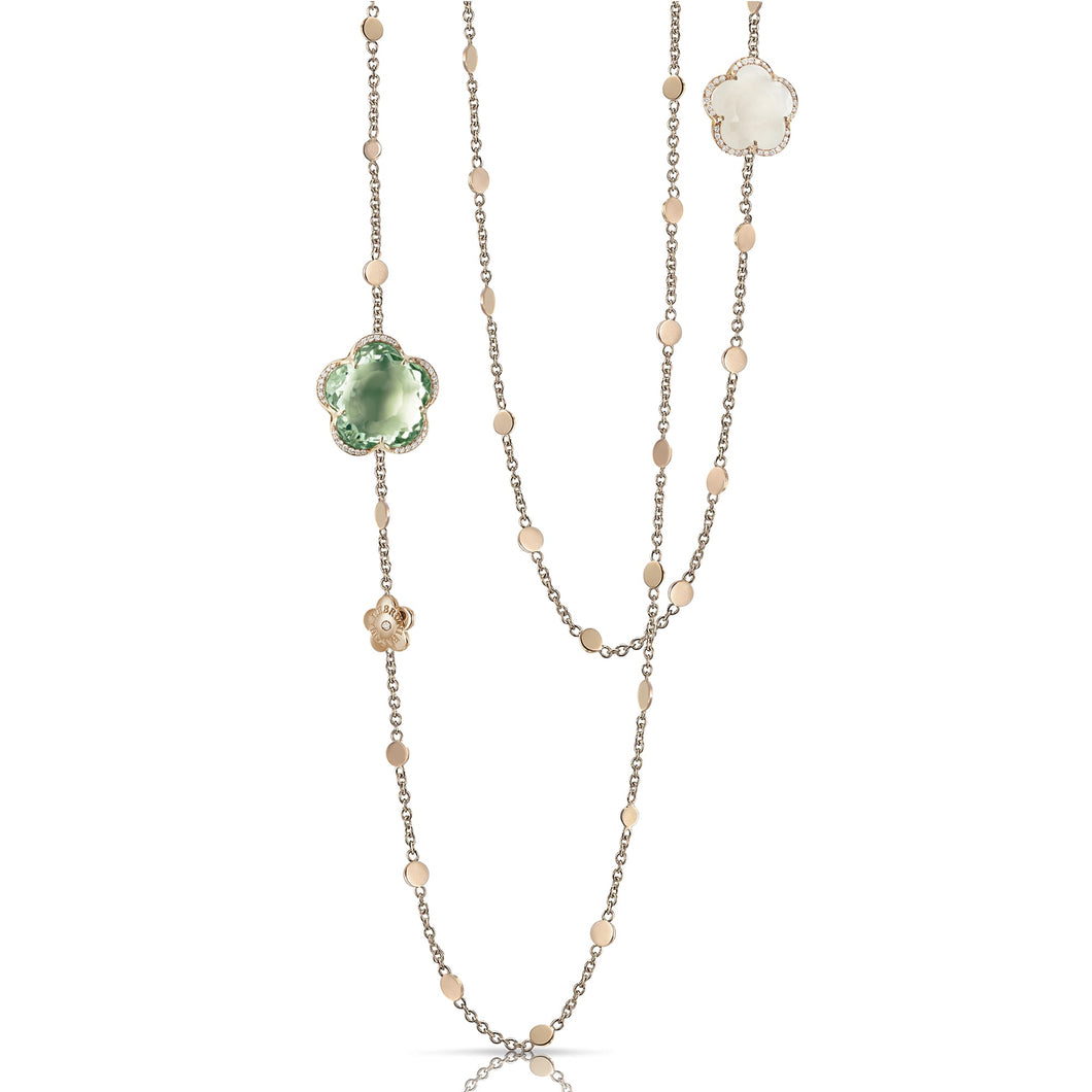 Pasquale Bruni 18 karat rose gold Bon Ton prasiolite, milky quartz and diamonds 0.19ctw sautior necklace 40