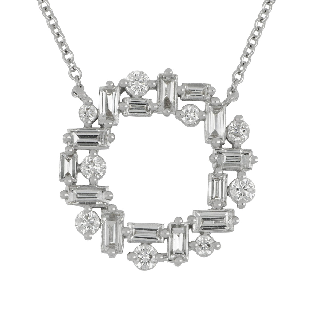 18k White Gold Baguette and Round Diamond Circle Necklace 16-18", D=1.36tw