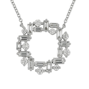 18 karat white gold Baguette and Round Diamond Circle Necklace 16-18", D=1.36tw