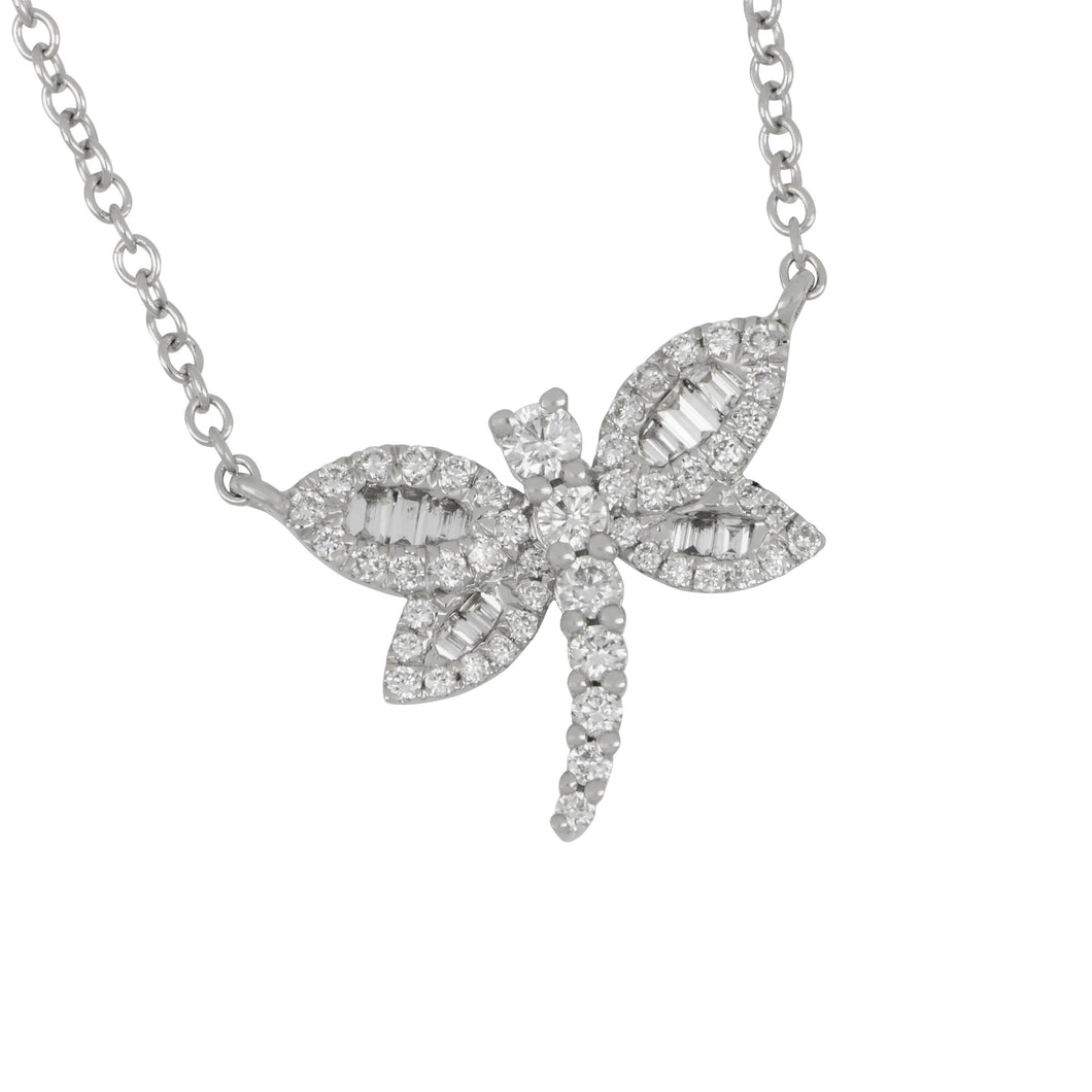 18 karat white gold Baguette and Round diamond Dragonfly Necklace 16-18