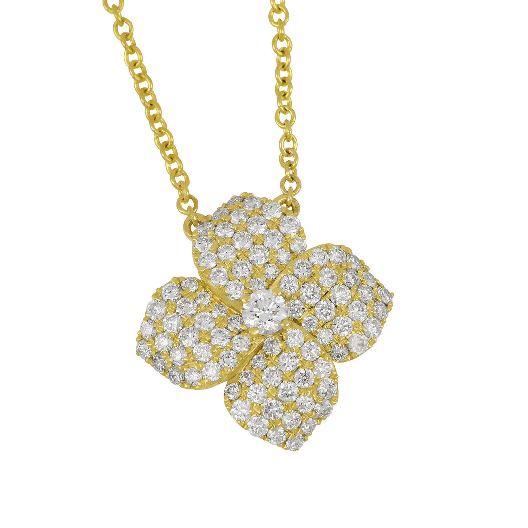 14k Yellow Gold Four-Petal Diamond Flower Necklace 16-18", D=0.63tw