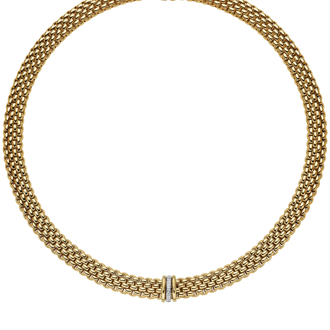Fope 18 Karat Yellow Gold 17" Panorama Necklace with 2 Gold and 1 Diamond Rondelles, Dias=.08tw G/VS1