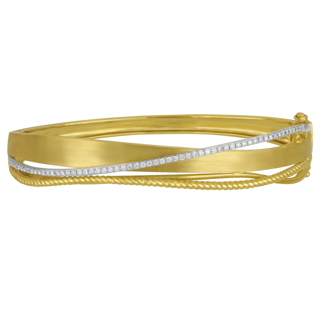14k Yellow and White Gold Three-Row Satin & Twist Diamond Crossover Bangle, D=0.32tw