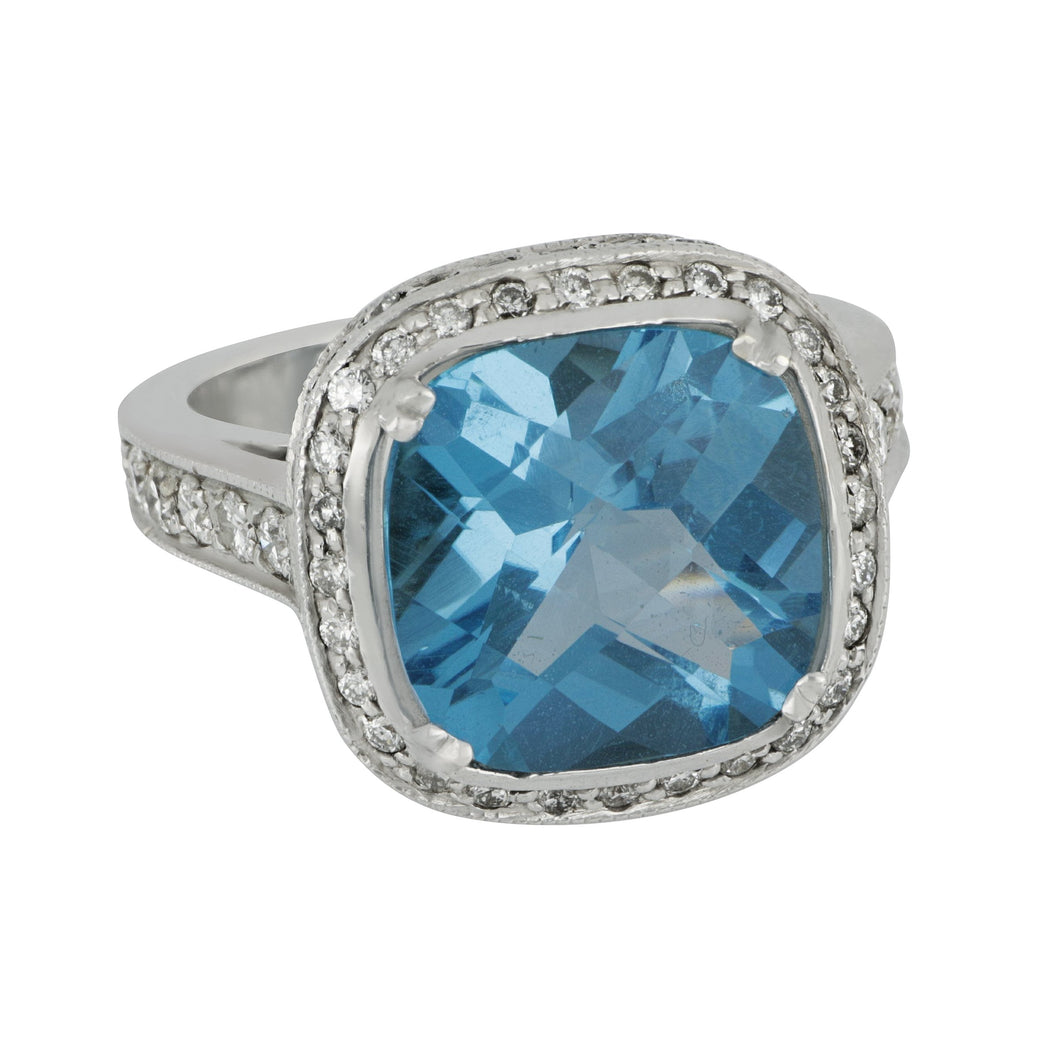 18 karat white gold cushion Halo Blue Topaz and Diamond Ring, BT=7.50ct D=0.95tw, Size 6.5