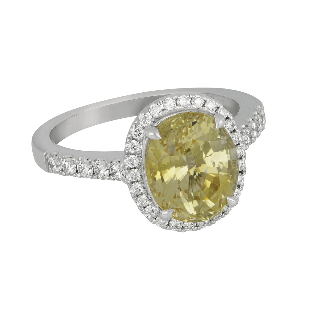 14 karat White Gold Oval Halo Yellow Sapphire Diamond Shank Ring size 6.5, YSA=4.31ct D=0.37tw GH/SI