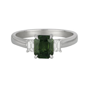14 karat white gold three stone Emerald cut Green Sapphire and Diamond Ring size 6.5, GSA=1.62ct D=0.30tw