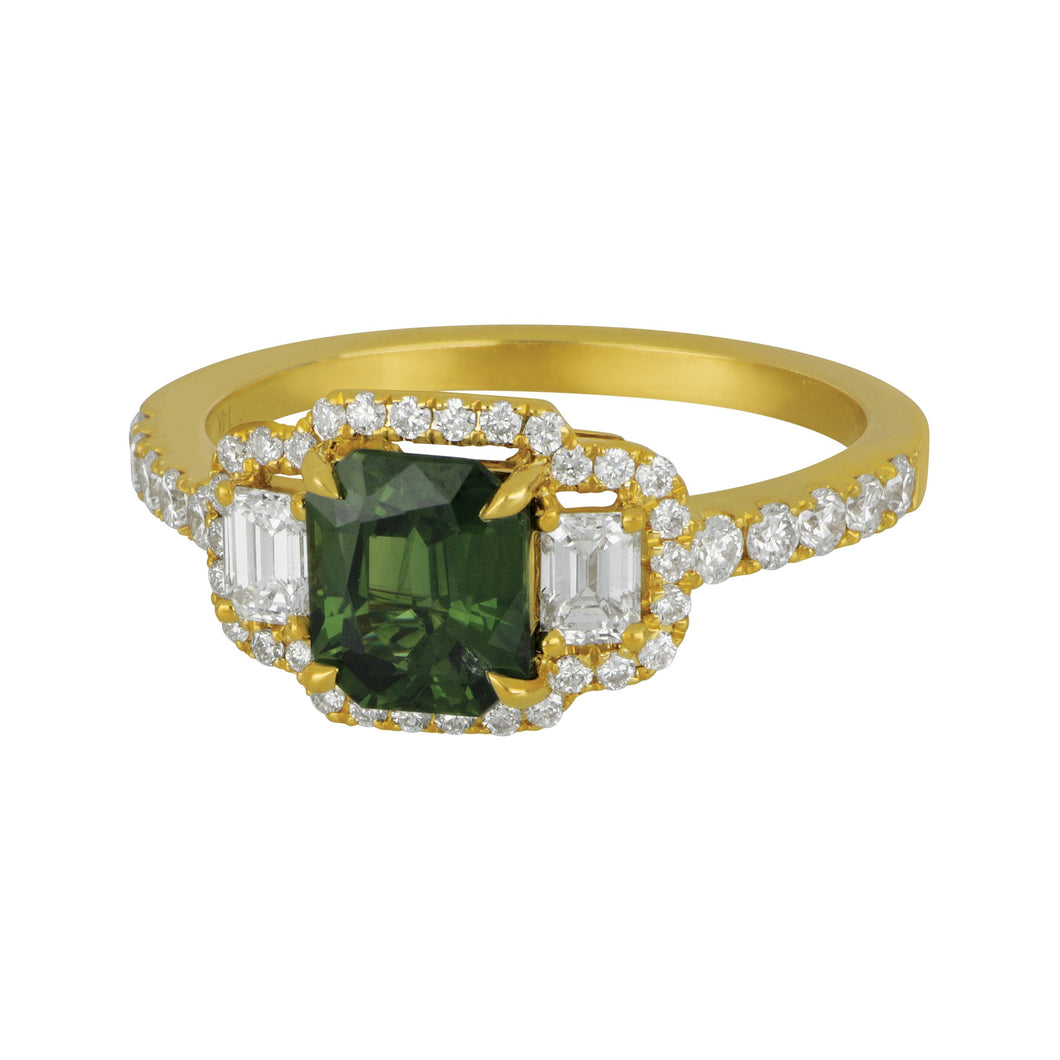 14 karat yellow gold Emerald cut Green Sapphhire and Diamond Ring size 6.5, GSA=1.44ct D=0.69tw