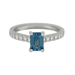 14 karat white gold emerald cut Blue Tourmaline and Diamond Ring size 6.5, B TRM=1.13ct D=0.47tw