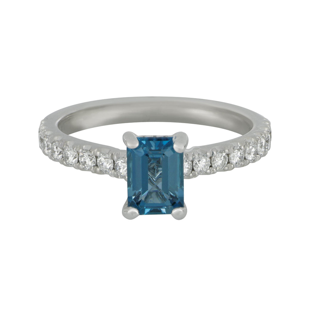 14 karat white gold emerald cut Blue Tourmaline and Diamond Ring size 6.5, B TRM=1.13ct D=0.47tw