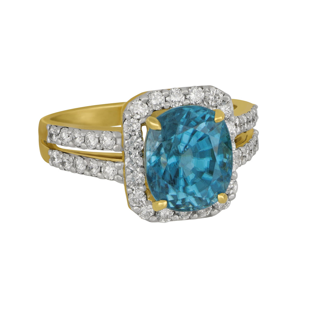 14k Yellow Gold Halo Blue Zircon and Diamond Ring Size 7, BZIR=6.58ct D=0.77tw