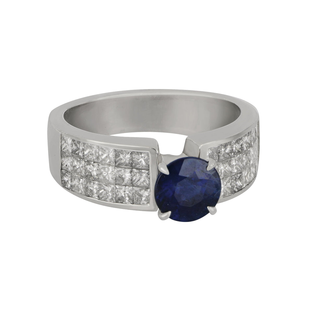 18 karat white gold three row invisible set round Sapphire and Diamond Ring size 7, SA=1.61ct D=1.40tw