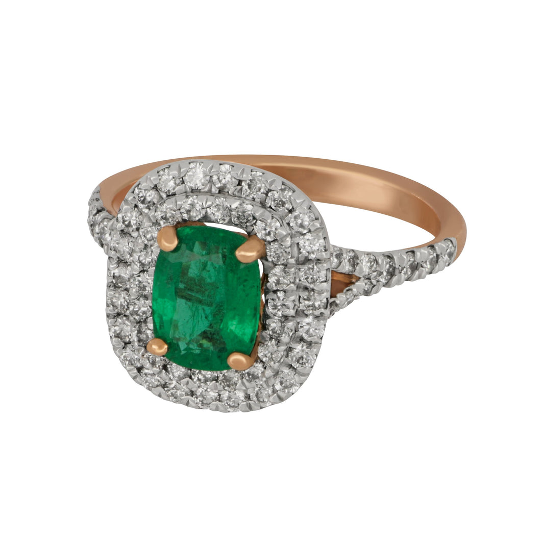 14 karat rose and white gold double Halo Emerald and Diamond Ring size 7, EM=1.16ct D=0.79tw