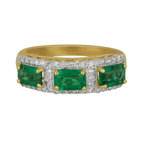 18 karat yellow gold three emerald cut Emeralds and Diamond Ring size 6.5, EM=1.62tw D=0.32tw
