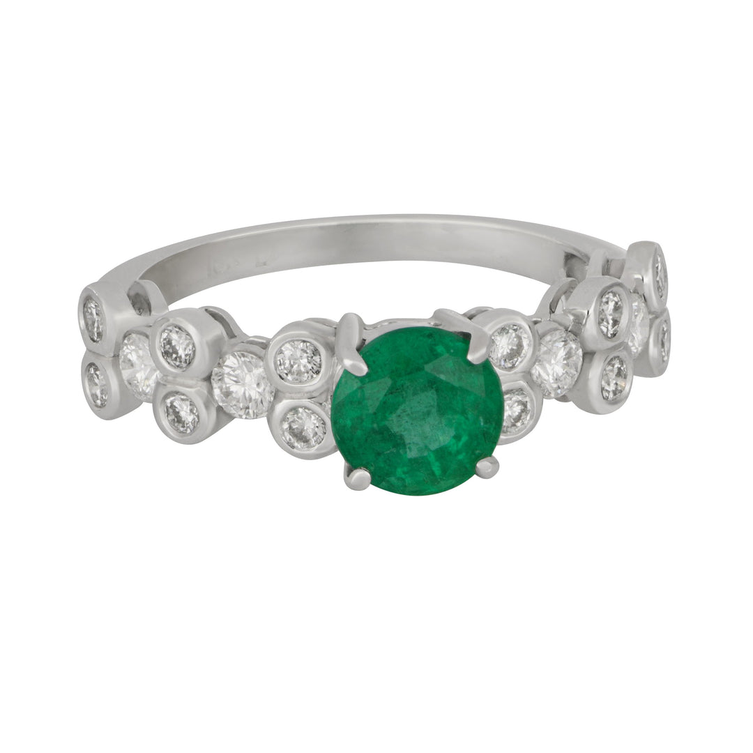 18k White Gold Round Emerald and Diamond Ring Size 7, EM=1.30tw D=0.64tw