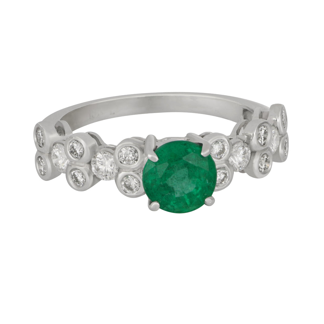 18 karat white gold round Emerald and Diamond Ring size 7, EM=1.30tw D=0.64tw
