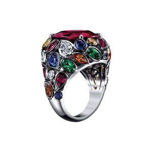 Robert Procop Platinum De La Vie Rubilite 7.65cts Fancy Sapphire, Emerald and Ruby 6.62ctw and Diamond 0.81ctw Ring, Size 6.5