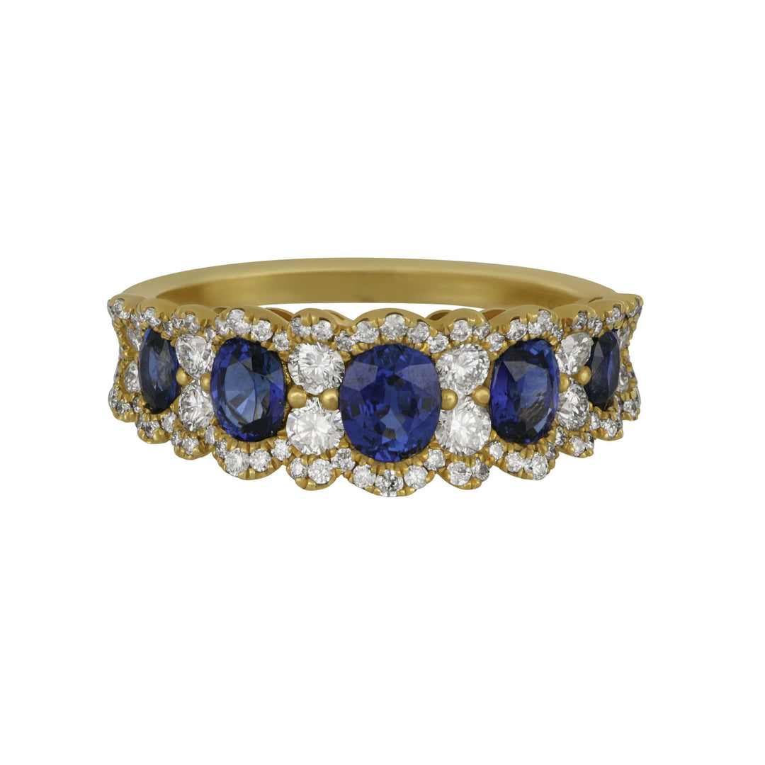 14k Yellow Gold Graduated Five-Oval Sapphire and Diamond Ring Size 6.5, SA=1.24tw D=0.65tw