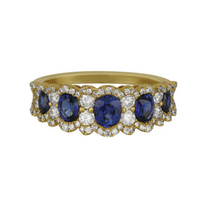 14 karat yellow gold graduated five Oval Sapphire and Diamond Ring size 6.5, SA=1.24tw D=0.65tw