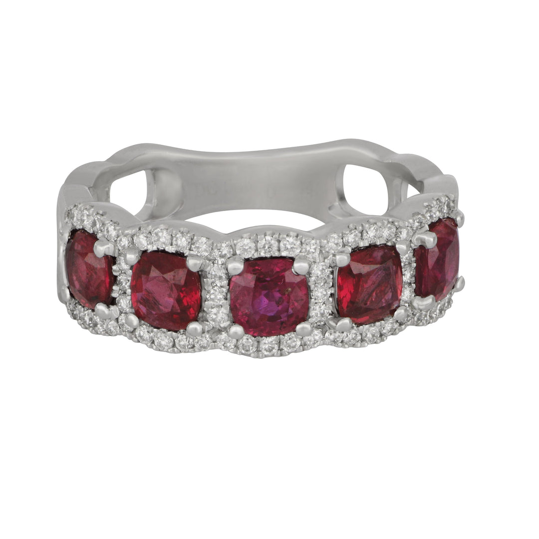 14k White Gold Five-Halo Ruby and Diamond Band Size 6.5, RU=1.76tw D=0.33tw