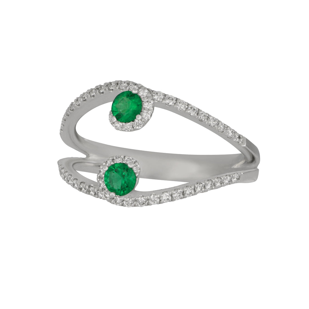 14k White Gold Open Split Shank Emerald and Diamond Swirl Ring Size 6.5, EM=0.20tw D=0.24tw