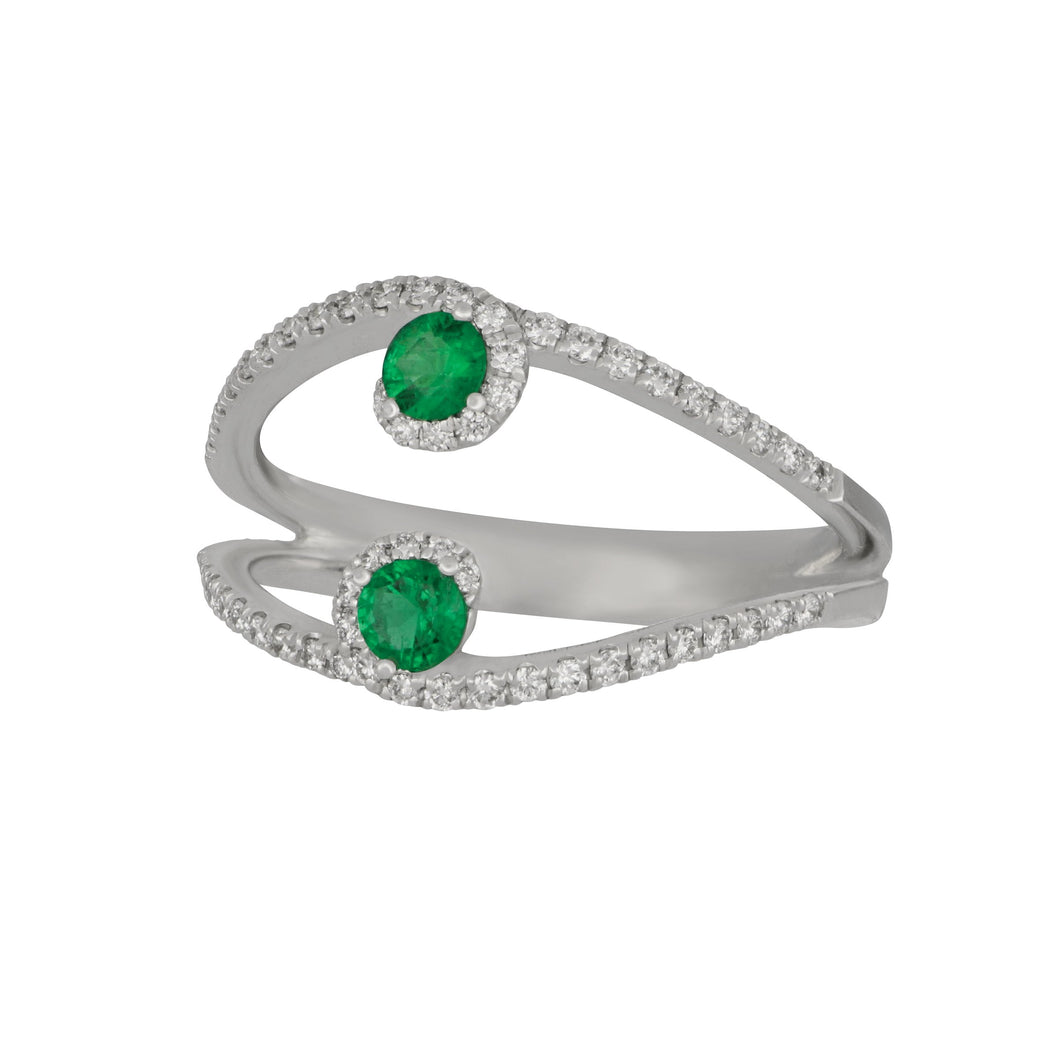 14 karat white gold open split shank Emerald and Diamond Swirl Ring size 6.5, EM=0.20tw D=0.24tw