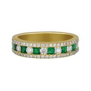 14 karat yellow gold three row Emerald and Diamond band size 6.5, EM=0.44tw D=0.62tw