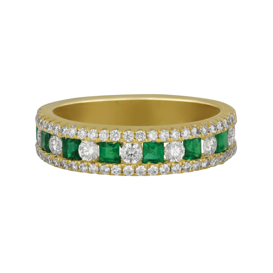 14 karat yellow gold three row Emerald and Diamond band size 6.5, EM=0.44tw D=0.62tw