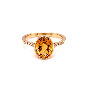 14 Karat Yellow Gold Oval Citrine with Diamond Shank Ring Size 6.5, Citr=1.90ct, 12Dias=.06tw GH/SI
