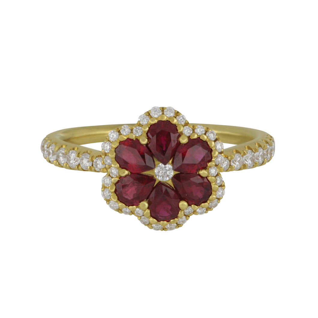 14 karat Yellow Gold Flower Ruby and Diamond Ring size 6.5, RU=0.95tw D=0.35tw GH/SI