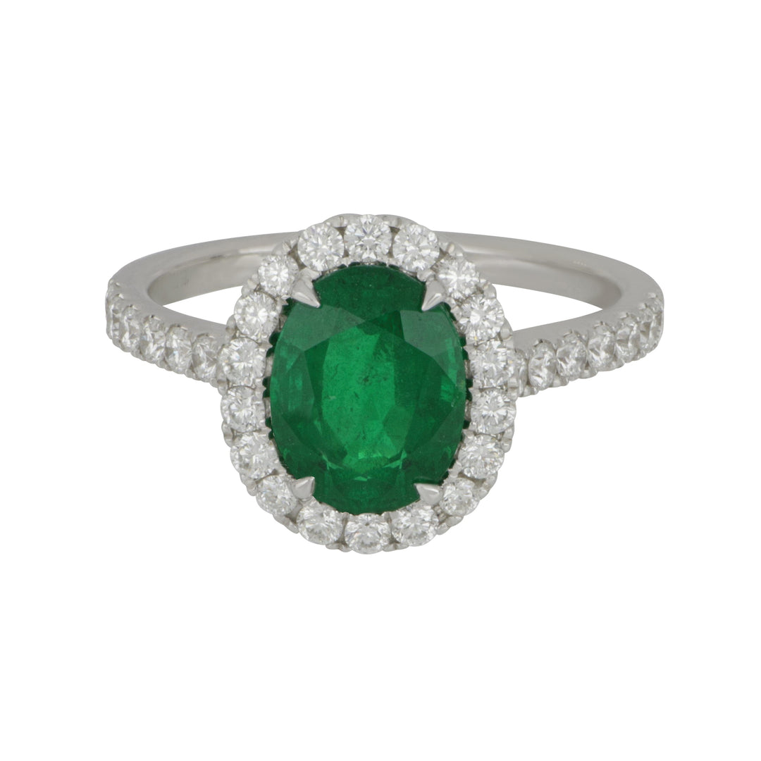 18 Karat White Gold Oval Emerald with Diamond Halo/Shank Ring Size 6.5, Em=1.96ct, Dias=.72tw GH/SI