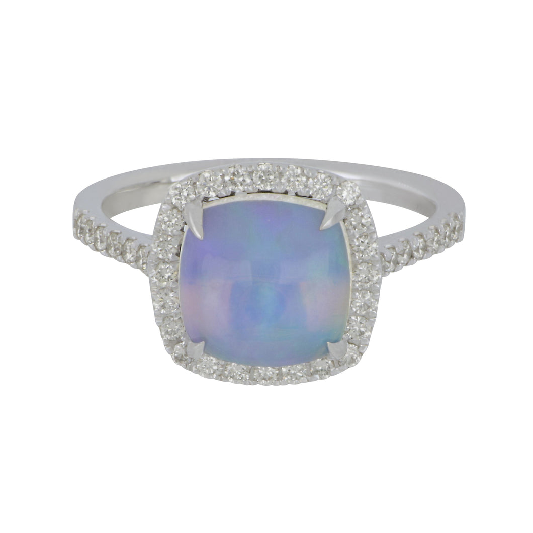 14 karat white gold Diamond Halo Opal Ring size 675, Opal=1.80CT, D=0.37tw GH/SI
