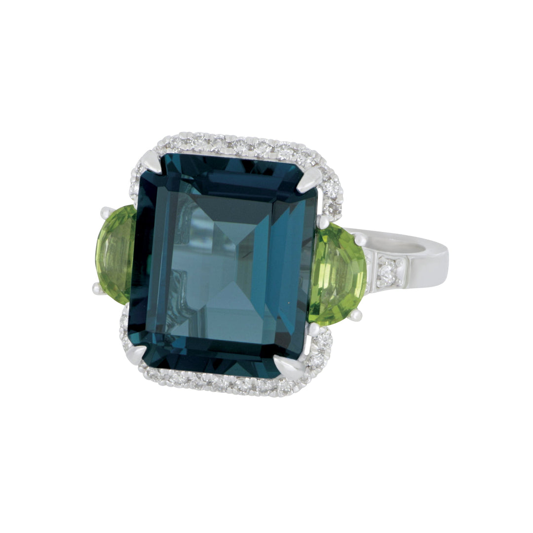 14k White Gold London Blue Topaz, Peridot and Diamond Ring size 6.5, LBT= 6.30ct PER=0.60tw D=0.26tw GH/ SI supports Captain's for Clean Water
