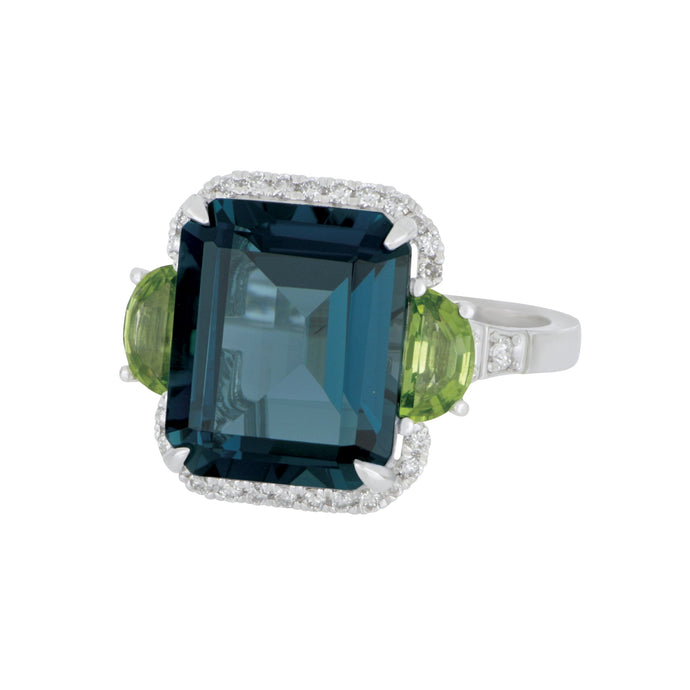 14 karat White Gold London Blue Topaz, Peridot and Diamond Ring size 6.5, LBT= 6.30ct PER=0.60tw D=0.26tw GH/ SI supports Captain's for Clean Water