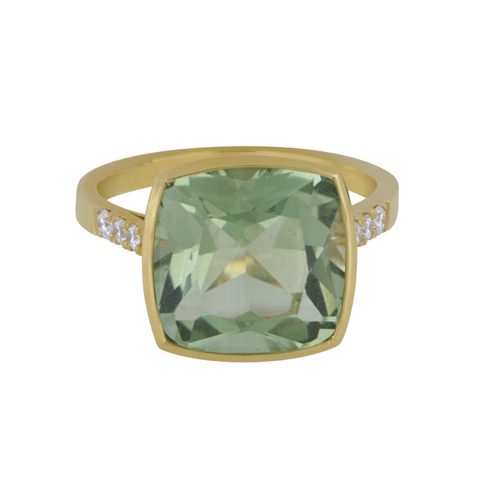 14 karat Yellow Gold Cushion Green Amethyst bezel set with Diamonds Ring size 6.5, GAM=7.30ct D=0.18tw GH/SI1 supports Captain's for Clean Water