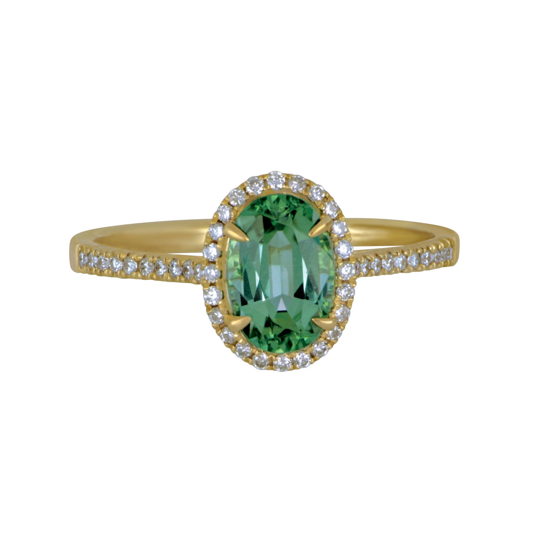 14 Karat Yellow Gold Mint Tourmaline with Diamond Halo Ring, Mint Tourm=1.04tw, 44Dias=.21tw