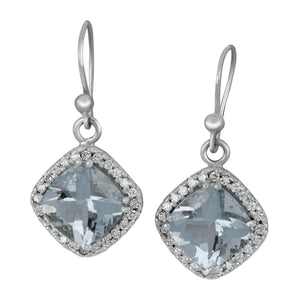 14 karat white gold cushion Halo Aquamarine and Diamond Drop Earrings, D=0.48tw