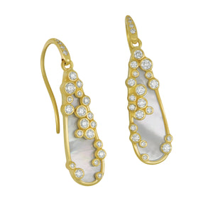 Syna 18 karat yellow gold Cosmic teardrop MOP and Champagne Diamond Drop Earrings, mop=4.50cts D=0.65tw